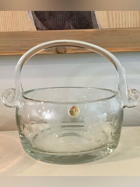 Vintage Romanian Etched Clear Glass Basket with Handle